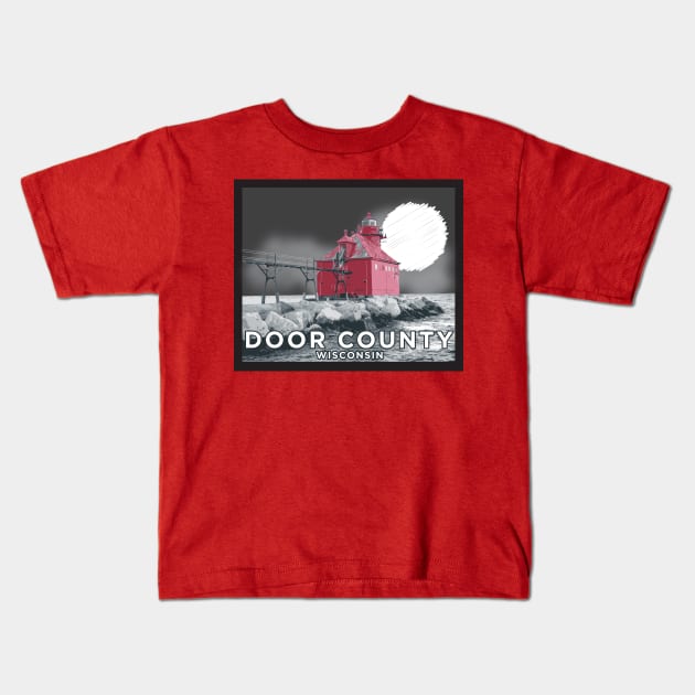 Door County Lighthouse In The Moonlight Kids T-Shirt by Ever-Curious Geek